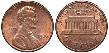 США 1 цент 1986 KM 201b цинк плакированный медью 4549-811