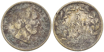 НИДЕРЛАНДЫ 5 ЦЕНТОВ 1862 ВИЛЛИАМ III (1849-1890), С ТОЧКОЙ ПОСЛЕ ДАТЫ KM 91 серебро 4532-1149