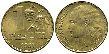 ИСПАНИЯ 1 ПЕСЕТА 1937 ВТОРАЯ РЕСПУБЛИКА (1931-1939) KM 755 латунь 3334-433