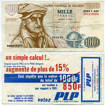 БЕЛЬГИЯ 1000 ФРАНКОВ 1963 ПРОБНИК THEO LEFEVRE (1961-1965) 03.10.63 бумага 7146-17-3-2