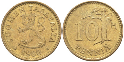 Финляндия 10 пенни 1980 К KM 46 алюминиевая бронза 219-1155