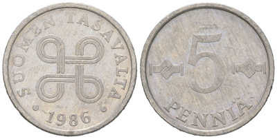 Финляндия 5 пенни 1986 KM 45a алюминий 4618-762