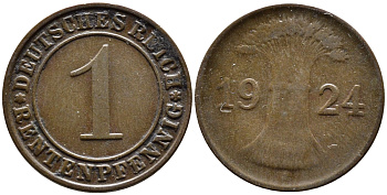 Германия 1 рентенпфенниг 1924 J KM 30, J. 306 бронза 4387-1124