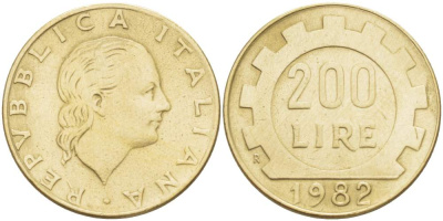 Италия 200 лир 1982 R, шестерня KM 105 алюминиевая бронза 4529-155