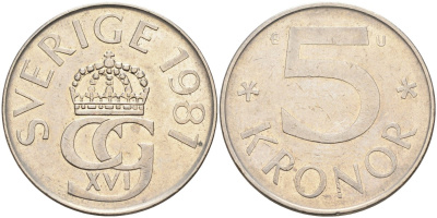 Швеция 5 крон 1981 Карл XVI Густав (1973- ) KM 853 медно-никель 4521-1212