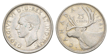 Канада 25 центов 1941 Георг V (1910-1936), олень KM 35 серебро 73-1241
