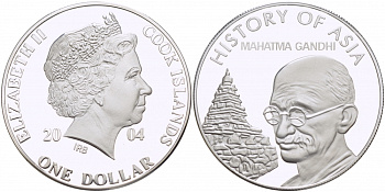Острова Кука 1 доллар 2004 история Азии, Махатма Ганди KM 1156 медно-никель PROOF 01-233-22