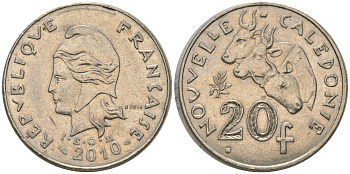 Французская Новая Каледония 20 франков 2010 три быка, (IEOM) KM 12a, Schoen 14a медно-никель 4137-123