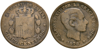 ИСПАНИЯ 5 СЕНТИМО 1879 ОМ, АЛЬФОНСО XII KM 674 бронза 3999-636