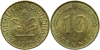 ФРГ 10 ПФЕННИГОВ 1972 G KM 108, J.383 сталь плакированная латунью 98-446