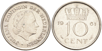 НИДЕРЛАНДЫ 10 ЦЕНТОВ 1961 ЮЛИАНА (1948-1980) KM 182 никель 188-1118
