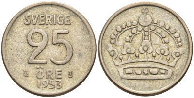 Швеция 25 эре 1953 TS, Густав VI Адольф (1950-1973) KM 824 серебро 4147-1035