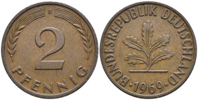 ФРГ 2 ПФЕННИГА 1969 F KM 106a, Jager 381a сталь плакированная сталь плакированная медьюю 4546-954
