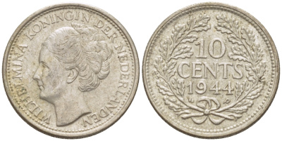 Нидерланды 10 центов 1944 Вильгельмина (1890-1948) KM 163 серебро aUNC 4392-445