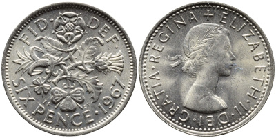 Великобритания 6 пенсов 1967 Елизавета II (1952-2022) KM 903, Spink 4149 медно-никель 4387-866