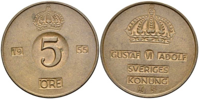 Швеция 5 эре 1955 TS, Густав VI Адольф (1950-1973) KM 822 бронза 4519-326
