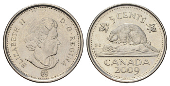 Канада 5 центов 2009 Leaf, Елизавета II (1952-2022), бобр KM 491 сталь плакированная никелем 4689-519