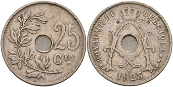 Бельгия 25 сантимов 1923 KM 68 медно-никель 4165-416