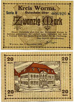ВОРМС, ГЕРМАНИЯ 20 МАРОК 1918-1919 1 НОЯБРЯ 1918 - 1 ФЕВРАЛЯ 1919, НОТГЕЛЬД, ЗЕМЛЯ РЕЙЛЯНД-ПФАЛЬЦ, СЕРИЯ II, НОМЕР СО ЗВЁЗДОЧКОЙ Geiger 570.02а бумага аUNC 8613-17-2-2