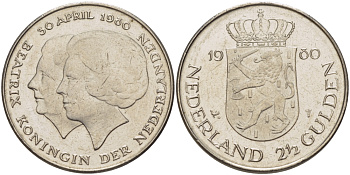 Нидерланды 2 1/2 гульдена 1980 коронация Беатрикс, 30 апреля 1980 KM 201 никель 38-125