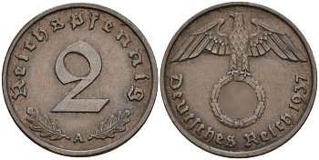 Германия 2 рейхспфеннига 1937 A KM 90, J. 362 бронза 4147-1252