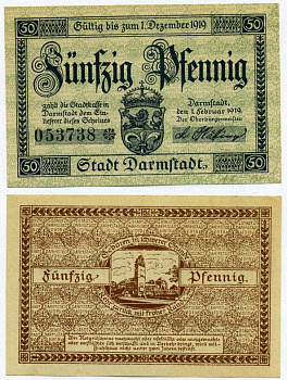 Германия, Дармштадт 50 пфеннигов 1919 1 Февраля 1919 - 1 декабря 1919, нотгельд, земля Гессен, номер серии черный Grabowski D5.3а  бумага  UNC (пресс) 8613-19-2-1