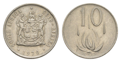 ЮАР 10 центов 1970 герб, цветок алоэ KM 85 никель 4621-831