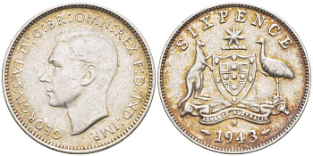 Австралия 6 пенсов 1943 S, Георг V (1936-1952) KM 38 серебро  4516-118