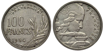 ФРАНЦИЯ 100 ФРАНКОВ 1954 ТИП COCHET KM 919.1, LE FRANC 450.2 медно-никель 27-753