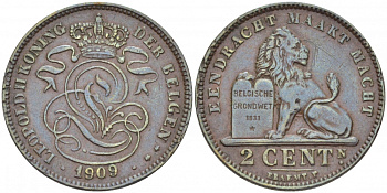 БЕЛЬГИЯ 2 САНТИМА 1909 BELGEN KM 36 медь 110-157