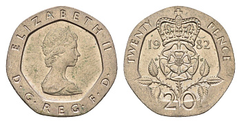 Великобритания 20 пенсов 1982 Елизавета II (1952-2022) KM 931, Spink 4230 (G1) медно-никель UNC 3996-836
