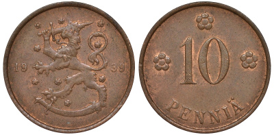 Финляндия 10 пенни 1939 KM 24 медь 51-3155