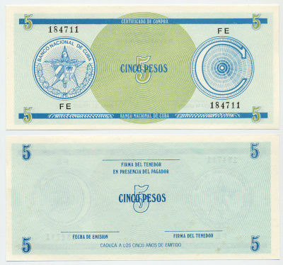 Куба, валютный сертификат 5 песо ND серия C, первый выпуск, голубая, черная серия Pick FX 13 (1) бумага UNC (пресс) 6293-43-3