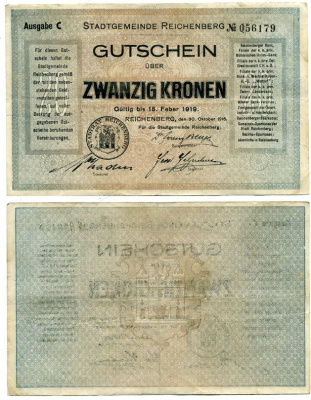 АВСТРИЯ, РИХЕНБЕРГ 20 КРОН 1919 НОТГЕЛЬД бумага 6278-33-3-1