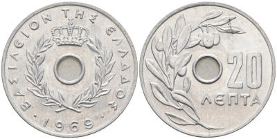 Греция 20 лепта 1969 Константин II (1964-1974), оливковая ветвь KM 79 алюминий 4571-424