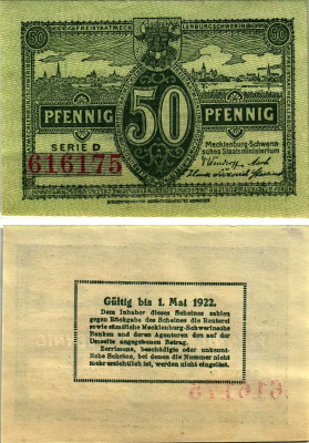 Мекленбург-Шверин 50 ПФЕННИГОВ 1922 НОТГЕЛЬД, 1 МАЯ 1922, ЗЕМЛЯ НИЖНЯЯ ПОМЕРАНИЯ Grabowski М21.1 бумага 8608-12-2-2