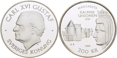 Швеция 200 крон 1997 Карл XVI Густав (1973- ), 600 лет Кальмарской уния, королева Маргарита Датская, в оригинальной пластиковой упаковке KM 890 серебро BUNC 1082-10-41
