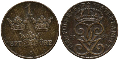 Швеция 1 эре 1940 Густав V (1907-1950) KM 777.2 бронза 201-1138