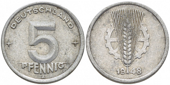 ГДР 5 пфеннигов 1948 A KM 2 алюминий 4448-535