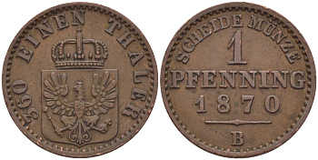 ПРУССИЯ 1 ПФЕННИГ 1870 В KM 480 медь 100-328