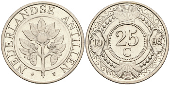 Нидерландские Антилы 25 центов 1993 Беатрикс (1980-2013) KM 35 сталь плакированная никелем 4364-1826