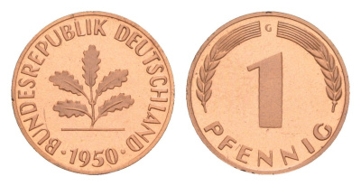 ФРГ 1 пфенниг 1950 G, тираж 9.000 экземпляров KM 105, J. 380 сталь плакированная медью PROOF 11-132-43