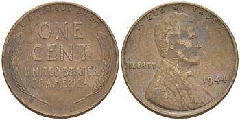 США 1 ЦЕНТ 1944 ЛИНКОЛЬН KM А132 медь цинк 3309-513