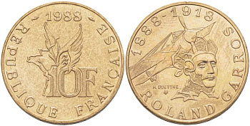 Франция 10 франков 1988 100 лет со дня рождения Ролан Гарроса (1888-1918) KM 965, LE FRANC 372.3 алюминиевая бронза 215-633