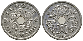 Дания 1 крона 1995 LG; JP; A, Маргрете II (1972- ) KM 873.1 медно-никель 4175-222