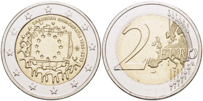 Греция 2 евро 2015 30 лет флагу Европейского союза KM 272 биметалл UNC M49-4