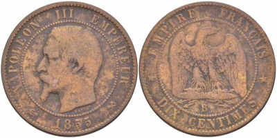ФРАНЦИЯ 10 САНТИМОВ 1855 B, НАПОЛЕОН III (1852-1870) KM 771.2, LE FRANC 133.21 бронза 38-1122