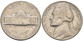 США 5 ЦЕНТОВ 1970 D, ДЖЕФФЕРСОН KM A192 медно-никель 63-725