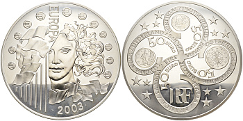 Франция 50 евро 2003 первая годовщина введения евро, оригинальная коробка, 1 килограмм серебро PROOF 14-01-01-02