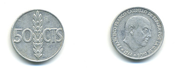 ИСПАНИЯ 50 СЕНТИМО 1966 (68) ФРАНСИСКО ФРАНКО ДИКТАТОР ИСПАНИИ (1939-1975) KM 795 алюминий 80-1136